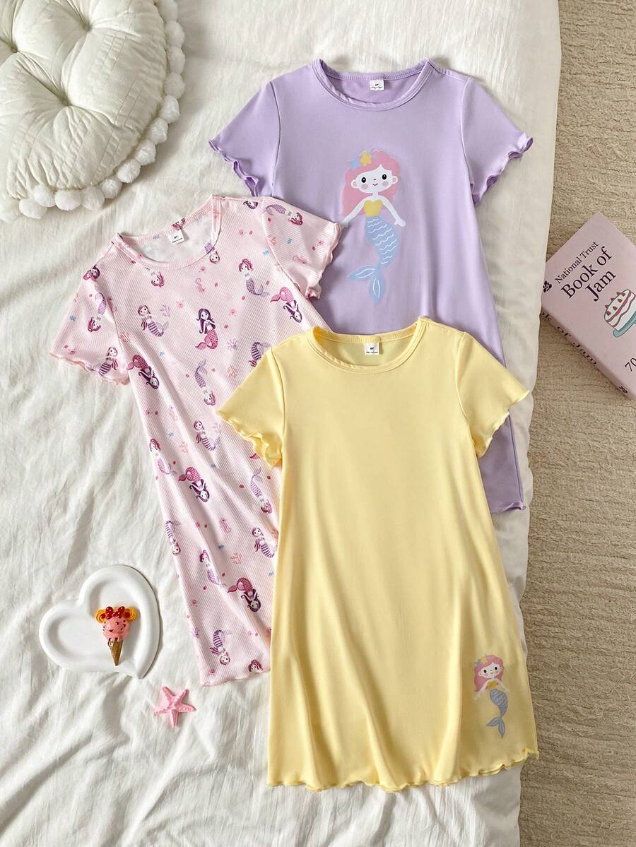 3件套女童美人鱼印花睡衣,柔软舒适短袖长款睡裙,粉色/紫色/黄色 - 彩色 - 查看 1