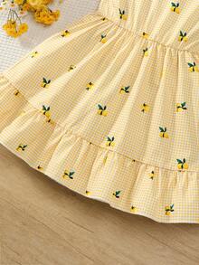 SHEIN Girls' Lemon Print Dress,Summer Fairy White Plaid Holiday,Flutter Sleeve,Ruffle Hem,Back Bow Cutout,Casual & Matching For Family Vacation,Fresh Cute - Yellow - View 6
