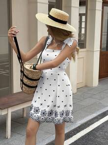SHEIN LUNE 女士休闲刺绣撞色夏季度假/通勤日常基本款时尚系带无袖迷你连衣裙 - 藍白色 - 查看 4
