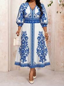 SHEIN Lady 大码女式V领碎花休闲派对外出连衣裙 - 彩色 - 查看 5