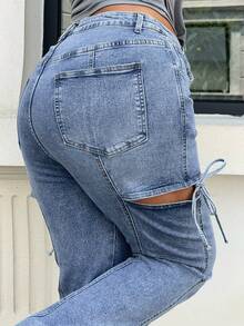 Dazy Plus Calça Jeans Flare com Laço Rasgado, Estilo de Rua Casual, Azul, Adequado para Verão, Primavera, Outono, Festival de Música, Plus Size Femininos, Todas as Estações - Lavagem Média - Visão 8