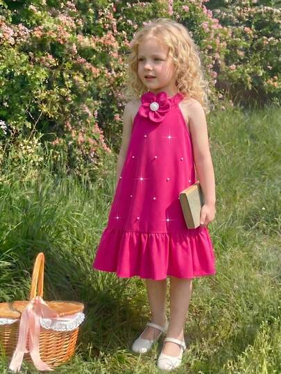 Toddler Girls' Fuchsia Sleeveless Dress, Featuring 3D Floral & Pearl Collar, Elegant Princess Style; A-Line Silhouette Flatters Figure, Ruffled Hem Adds Playful Charm; Soft, Skin-Friendly Fabric, Suitable For Birthday Party, Holiday Gathering, Stage Performance And Other Formal Occasions