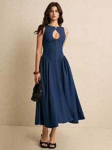 Poéselle Women's Cutout Ruched Waist Elegant Denim Dress, Suitable For Party And Outings - Medium Wash - View 8