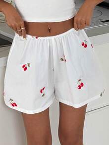 DAZY Women's 100% Cotton Cherry Print Loose Pajama Shorts, Summer - White - View 10