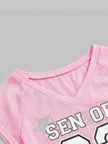 ROMWE Avant Sporty Sexy Y2K 2-Piece Set, V-Neck Contrast Color Halter Tie T-Shirt For Women - Pink - View 3