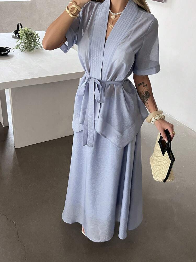 Women's Solid Color Short Sleeve Knotted Waist Shirt And Mini Skirt Elegant 2-Piece Set