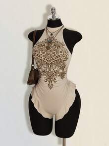 SHEIN ICON Áo liền thân nữ kiểu retro in họa tiết, hở lưng, cổ yếm, thích hợp cho mùa hè. - Màu be - Xem 5