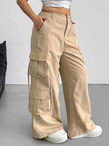 SHEIN CURVE+ Celana Kargo Wanita Ukuran Besar Kasual Longgar Kaki Lebar - Khaki - View 3