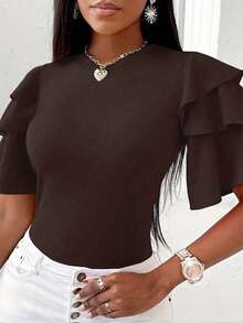 EMERY ROSE Women's Solid Color Round Neck Ruffle Sleeve Casual T-Shirt - Coffee Brown - View 3