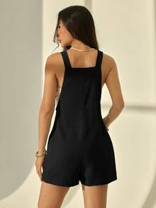 SHEIN PETITE Women's Solid Color Dual Pocket Design Casual Romper - Black - View 2