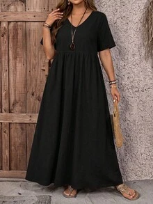 SHEIN CURVE+ Curve Size US22Music Festival, Seaside Vacation, Bohemia Women's Vacation Loose Ditsy Floral V-Neck Short Sleeve BabydollTeacher Dress - Black - View 5
