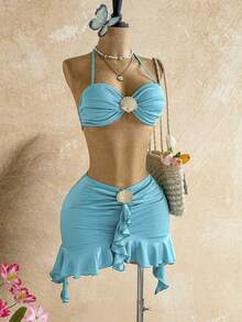 Soleia Women's Solid Color Metal Shell Decor Halter Tie Top And Mini Skirt Sexy Tropical Vacation Outfit Beach Teal - Teal Blue - View 8