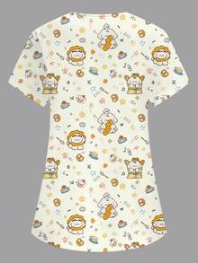 SHEIN 女士米色V领短袖双口袋可爱卡通图案工作服上衣，萌萌的小狗印花，护士医生工作服，纯色宠物美容工作服，营养师实验服，多口袋功能性工作服，女士假日实用套装，可爱 - 米色 - 查看 2