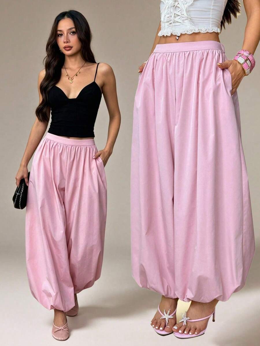 SHEIN PETITE Quần ống rộng cạp cao dệt trơn
