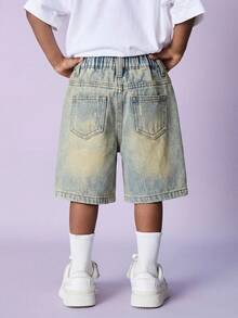 Pantalones cortos vaqueros azules sueltos y rotos de estilo retro para niño - Lavado ligero - Ver 2