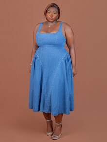 CurvyTilda Plus Size Women's Square Neck Ruffle Denim Sleeveless Dress, For Hourglass Body Shape - Blue - View 7