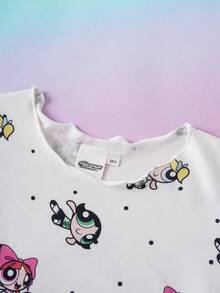THE POWERPUFF GIRLS X SHEIN Tween Girls' Casual Comfortable Cartoon Polka Dot Print Round Neck Short Sleeve Nightgown, Summer - White - View 3