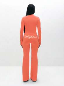 BABYPHAT Women's Zip Up Long Sleeve Coral Top With Script Print And Fitted Silhouette - Coral Pink - View 6