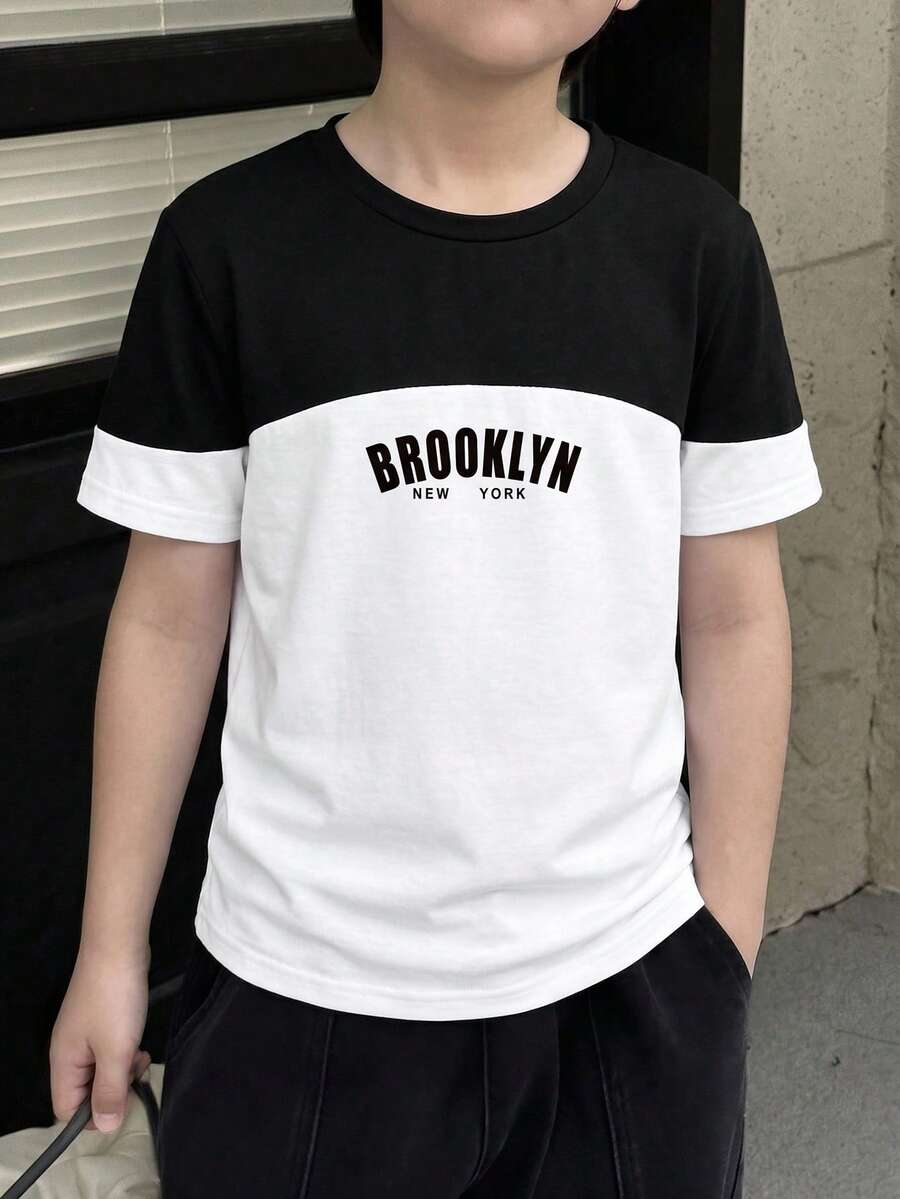 SHEIN Mirajuku 男童春夏圆领撞色城市字母印花休闲T恤 - 黑與白 - 查看 1