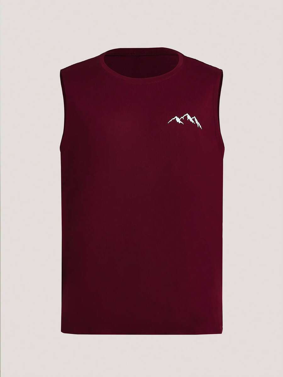 Men's Summer Mountain Print Round Neck Casual Tank Top - Burgundy - View 1