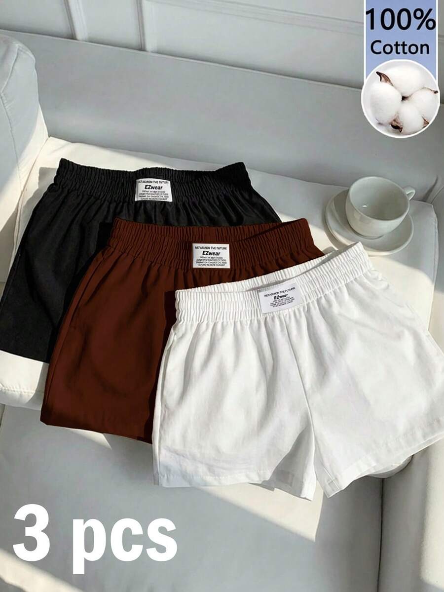 Comfortcana 3件套100%纯棉女士纯色短裤,黑/白/棕色,适合夏季穿着 - 彩色 - 查看 1