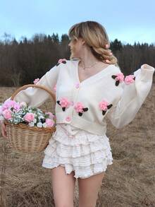 Kawaii Áo khoác cardigan ROMWE X Elena Katey cổ bẻ và cúc trang trí hoa 3D, thích hợp cho học sinh. - Màu be - Xem 3