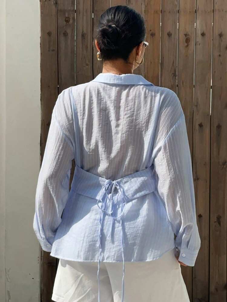 Dazy Plus New Striped Loose Casual 2 In 1 Shirt With Camisole Layered Long Sleeve Vacation Style Plus Size Women Spring/Summer Blue Shirt