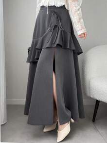 FRIFUL Women's Multi-Layer Ruffle Asymmetric Hem Patchwork Skirt - Grey - View 5