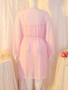 DelicateAllure Sexy Sheer Mesh Robe, Lace Patchwork Satin Mesh Nightgown, Solid Color 2-Piece Sleepwear Set For Plus Size Women - Baby Pink - View 7