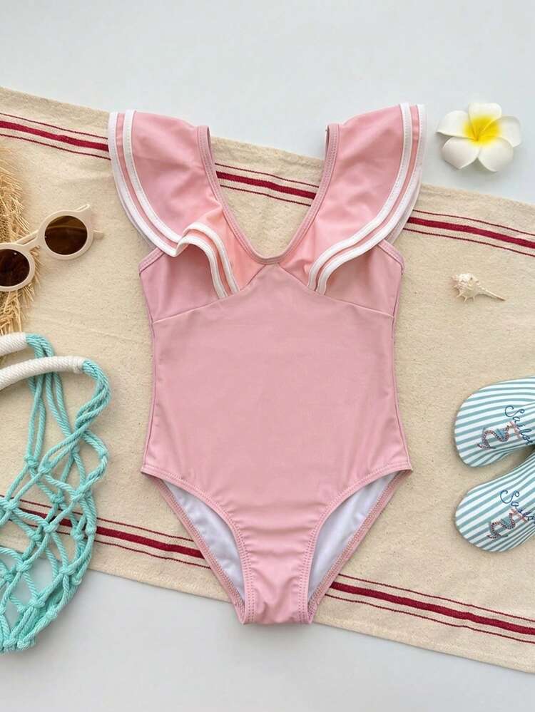Young Girl Girl Cute One-Piece Pink Swimsuit, Fall Wear