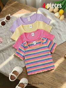 Cozy Pixies 4件套女婴休闲纯色条纹针织短袖上衣，百搭粉色、紫色、彩色 - 彩色 - 查看 7