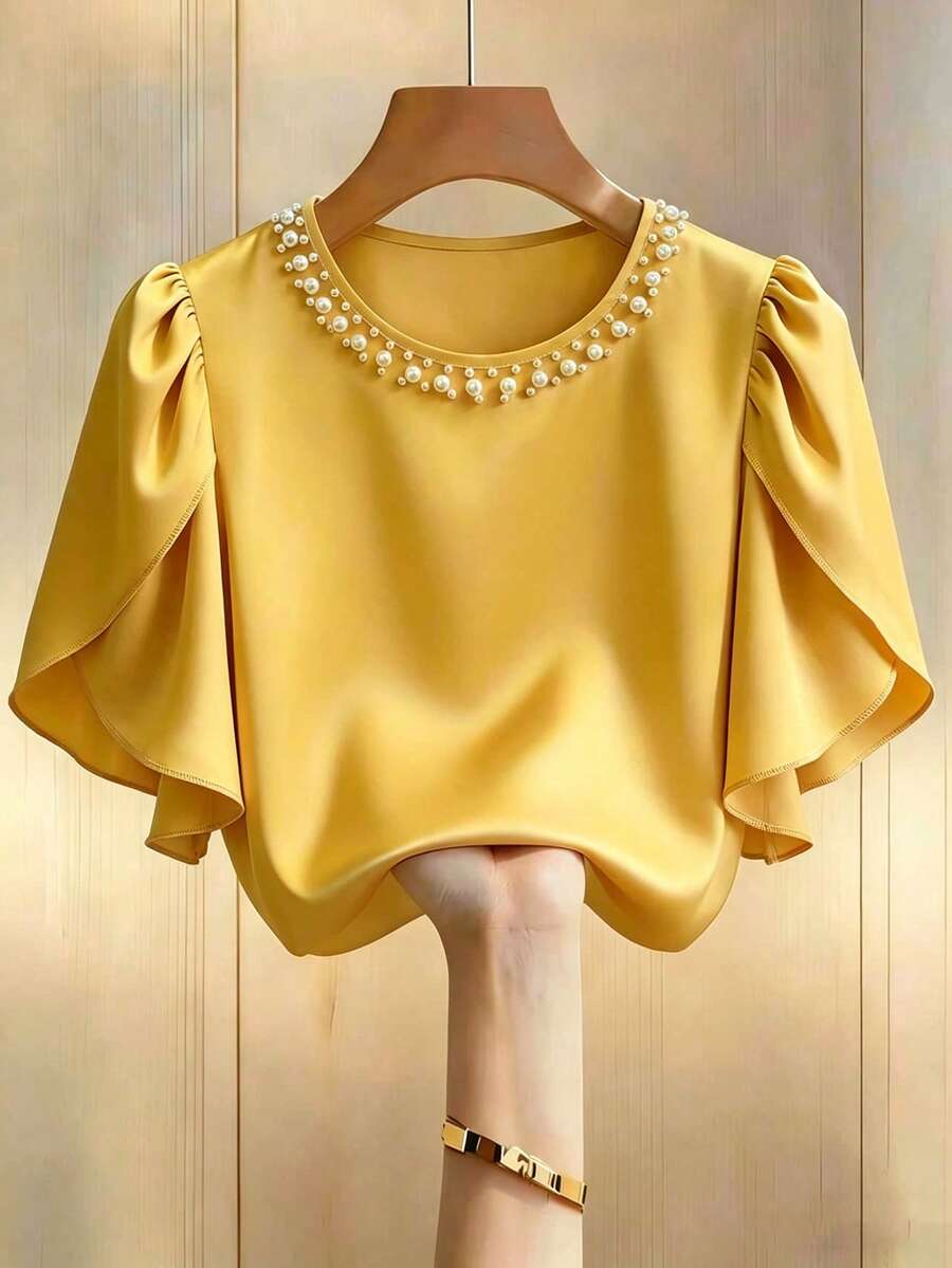 Franclia Elegant High-End Pearl Decor Round Neck Floral Ruffle Short Sleeve Apricot Blouse For Women - Yellow - View 1