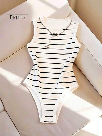 SHEIN PETITE Women's Striped Round Neck Bodysuit, Casual Daily Wear, Suitable For Vacation, Romantic Dates, Beach, Birthday, Outdoor Trips, Holidays And Various Occasions
