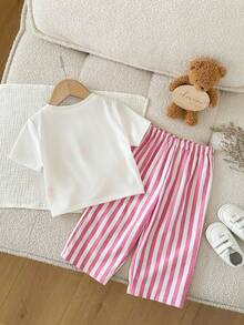 Baby Girl(3Sets, Get1 Set Random) Spring/Summer Casual Daily Cute Sausage Dog Print Round Neck T-Shirt + Pink Striped Long Pants Outfit Set, - Pink - View 6