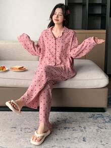 DAZY 女士简约日常爱心印花睡衣套装，秋冬服装 - 粉色 - 查看 4