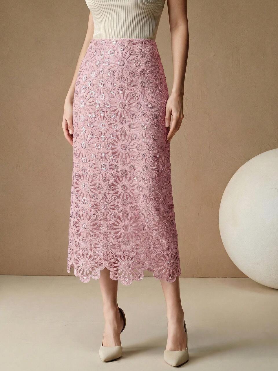 Anewsta New Elegant Fashion Hollow Sequin Shiny Long Skirt For Spring/Summer, Suitable For Vacation, Dating, Valentine's Day, New Year, Wedding, Party