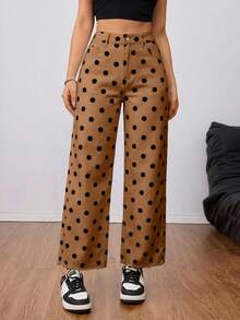 SHEIN Tall 女士波点印花休闲宽松牛仔裤 - 咖啡棕 - 查看 4