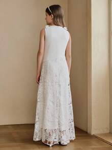 Anewsta Vestido de verano para niñas con chaleco blanco de unicolor con parches de encaje y lazo - Blanco - Ver 7