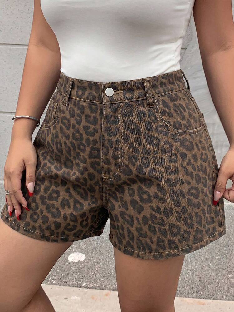 Dazy Plus Plus Size Women Loose Casual Brown Leopard Print Denim Shorts, Summer