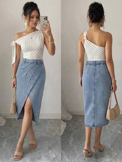 Elenzga Women's Y2K Vintage Washed Pleated Slit Midi Denim Skirt For Summer Vacation And Going Out