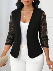 SHEIN Lady Áo khoác cardigan nữ phối ren, kiểu dáng thường ngày, đa năng, nhẹ nhàng. - màu đen - Xem 4