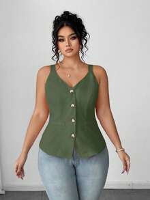 SHEIN PETITE 大码女式休闲单排扣马甲，适合通勤和办公穿着 - 綠色 - 查看 6