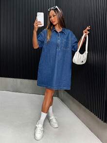 SHEIN ICON Women's Fashionable Versatile Button Half-Placket Pocket Short Sleeve Denim Dress - Medium Wash - View 6