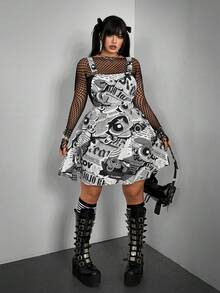 Whyspr THE POWERPUFF GIRLS X SHEIN Women's Summer Black & White Policewoman Cartoon Print Vintage Casual Vacation Street Style Sexy Sweet Slimming Strap Fashion Elegant Retro Dress - Black and White - View 6