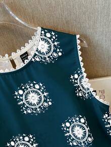 Louniche Women's All-Over Print Bamboo Texture Ruffle Trim Blouse - Teal Blue - View 6