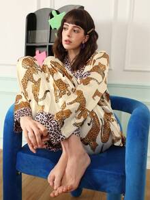 Chillnights 2pcs Women Leopard Print Contrast Color Pajama Set - Beige - View 4