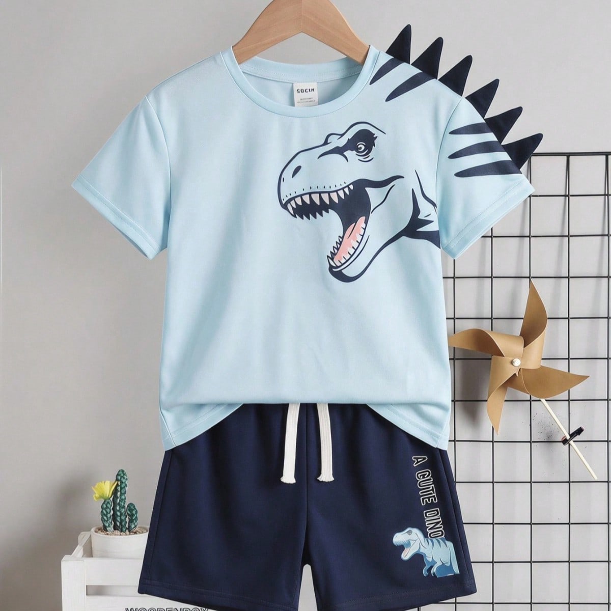 Conjunto de 2 piezas de camiseta de manga corta con cuello redondo y pantalones cortos con estampado 3D de dinosaurio azul y marino para niños, adecu