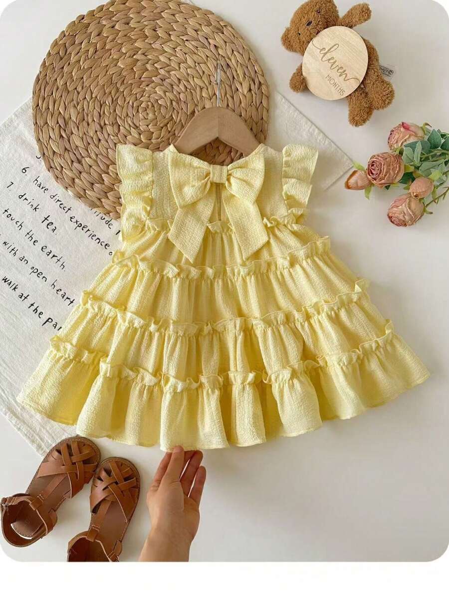 SHEIN Babygirl Cute Casual Loose Ruffled Cap Sleeve Dress - Mustard Yellow - View 1