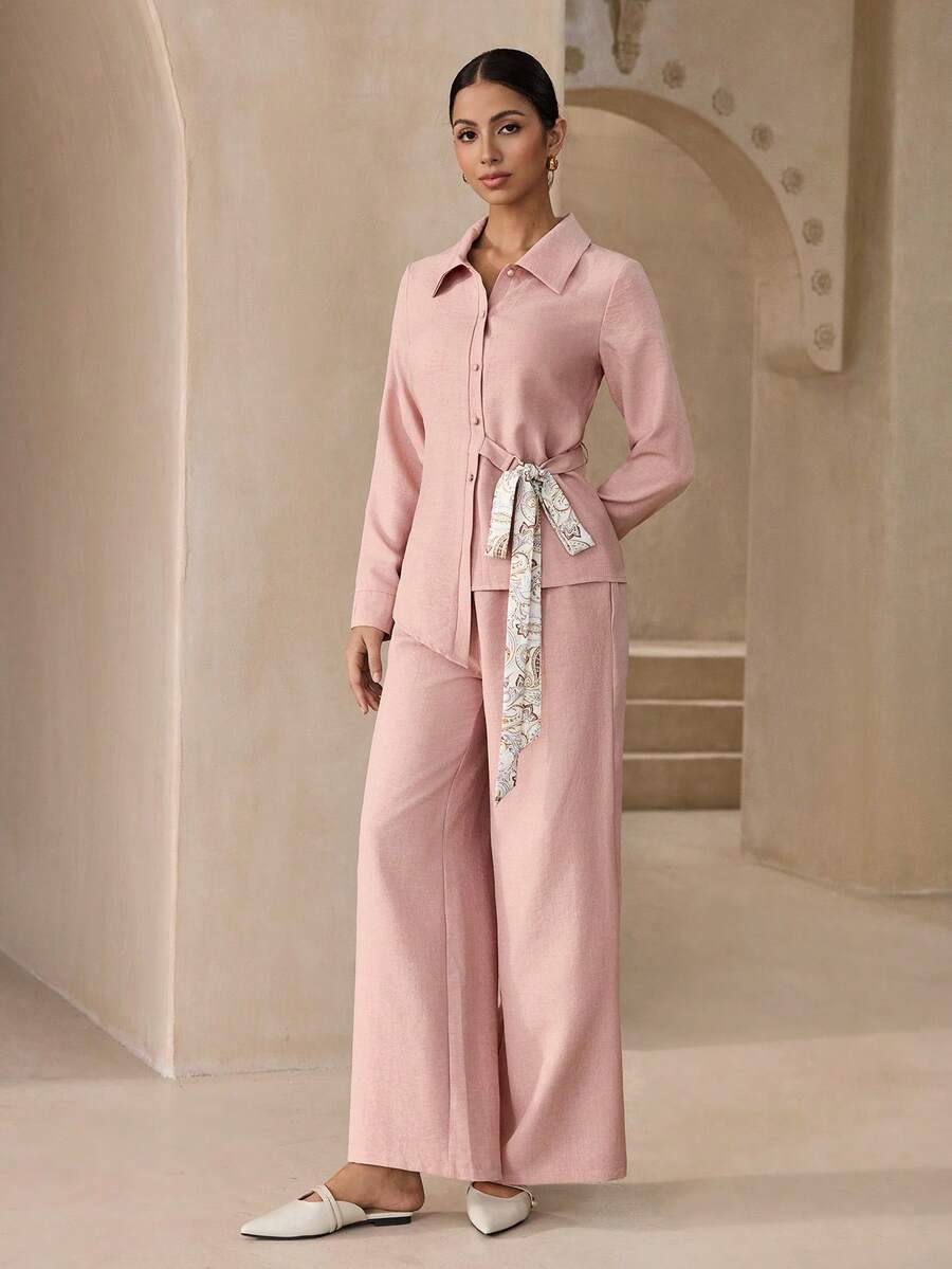 Graceveil Bộ áo và quần cạp chun, màu hồng nhạt, áo tay dài và quần dài. - Hồng - Xem 1