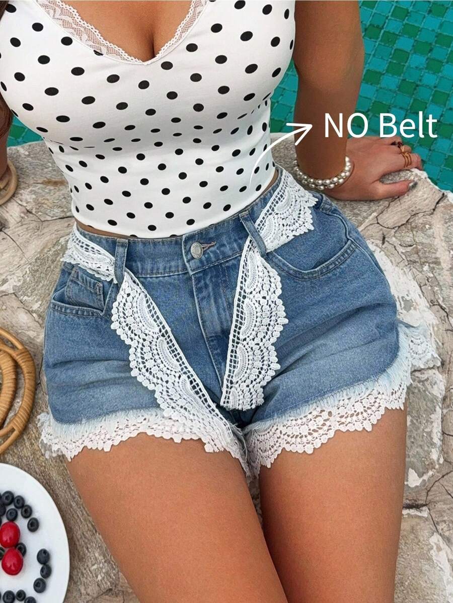 SHEIN Quần short denim nữ kiểu dáng thường ngày, đa năng, có túi và viền ren. - Màu xanh lam - Xem 1